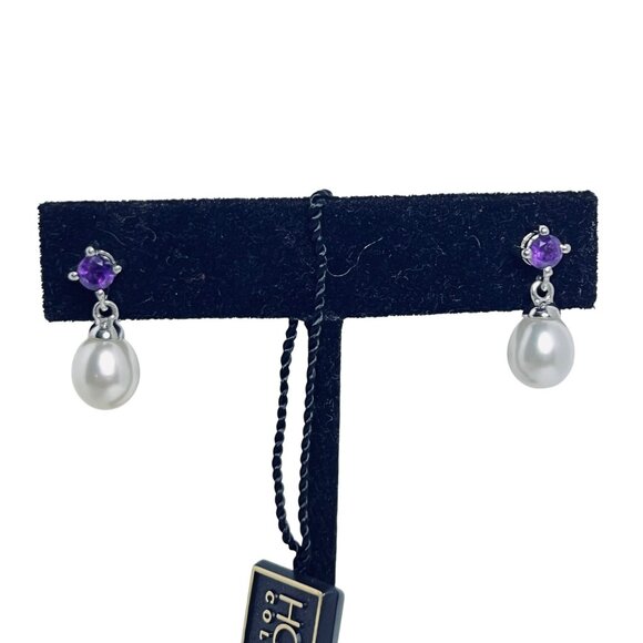 Honora Sterling Silver Freshwater Pearls And Amethyst Rhinestone Earrings (5978) - Picture 3 of 7
